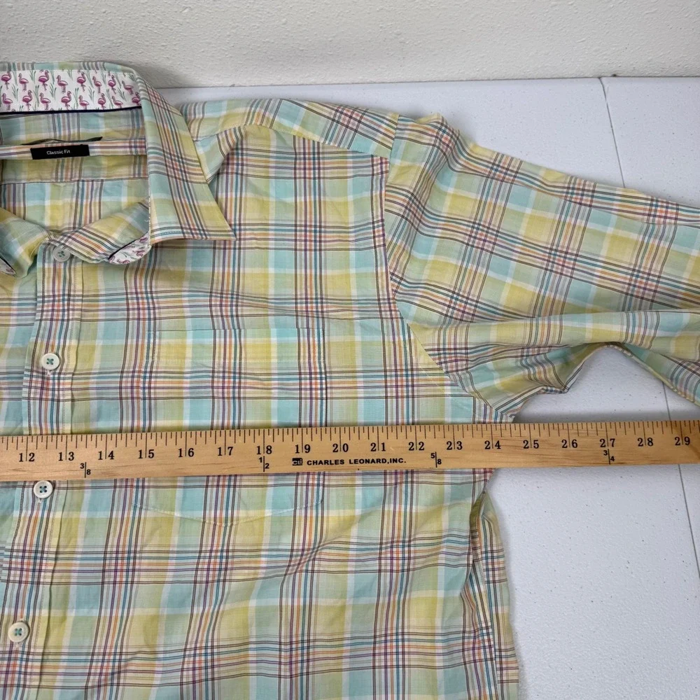 Bugatchi Mens Classic Fit‎ Plaid Button Down Shirt Yellow Green Flamingo Large